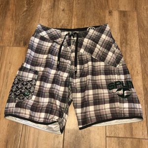 SPLIT Board Shorts Mens Size 33 White Gray Green Swim Trunk Logo Vintage EUC